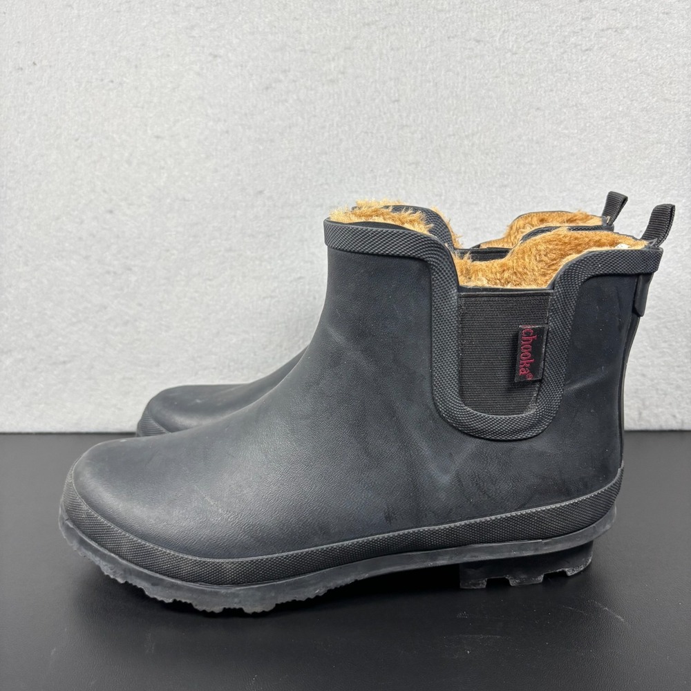Chooka Womens Plush Chelsea Boots Black 9M Faux Fur Lined Rain Bootie Waterproof